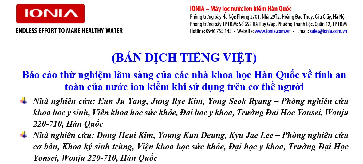 Báo cáo thử nghiệm lâm sàng của các nhà khoa học Hàn Quốc về tính an toàn của nước ion kiềm khi sử dụng trên cơ thể người